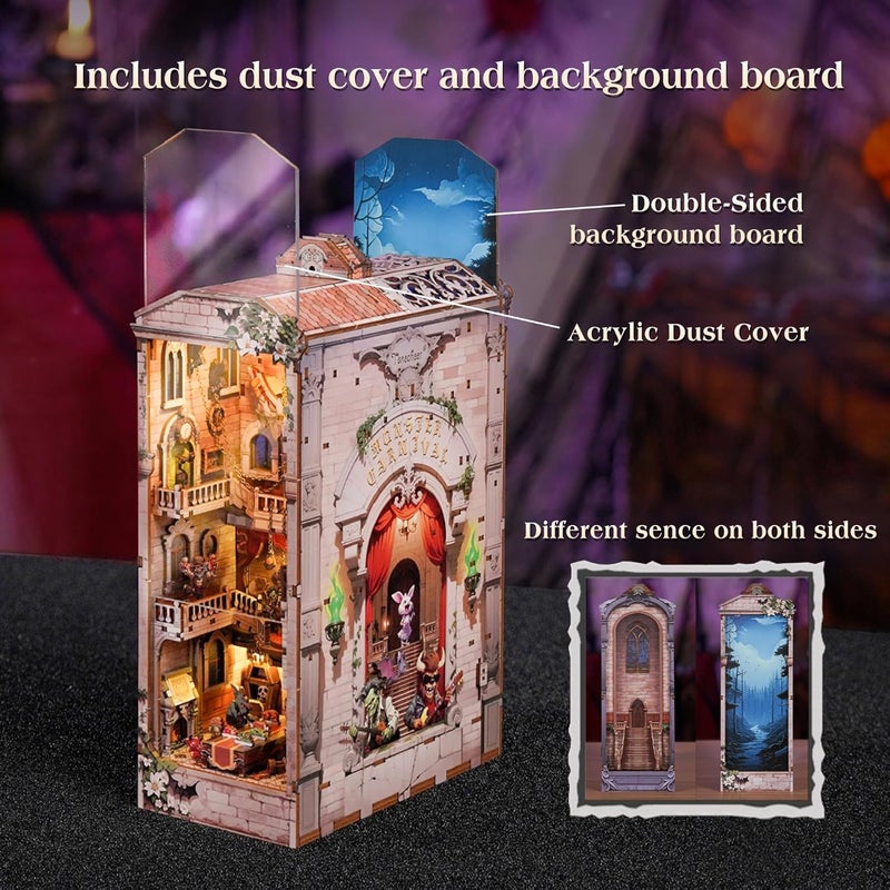 Tonecheer DIY Book Nook Kit for Adults, Double-Sided Booknook Wooden 3D Puzzle Bookend Miniature House Kit, Fantasy Bookshelf Decor with Dust Cover and LED Light for Birthday Gifts (Monster Carnival) - Image 5